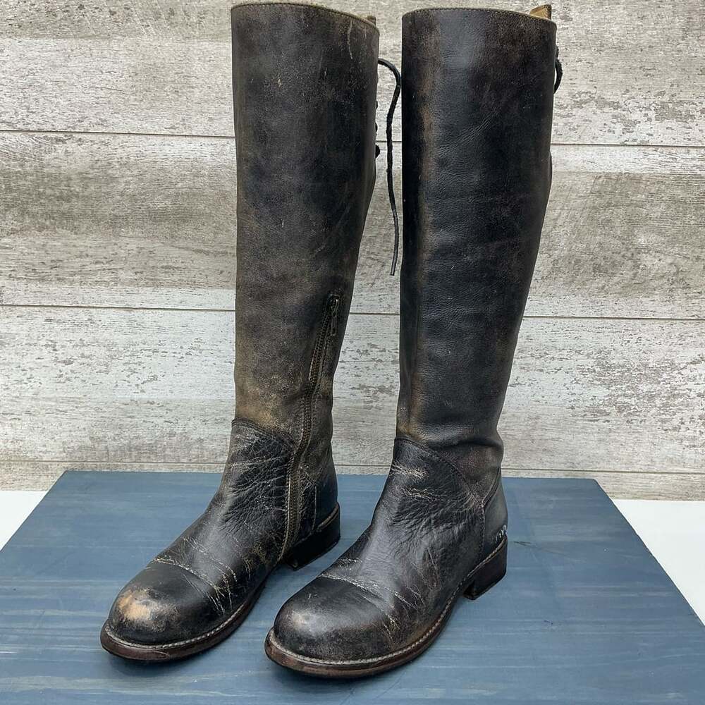 Bed Stu Manchester Black Leather Riding Boots Back Lace Side Zip